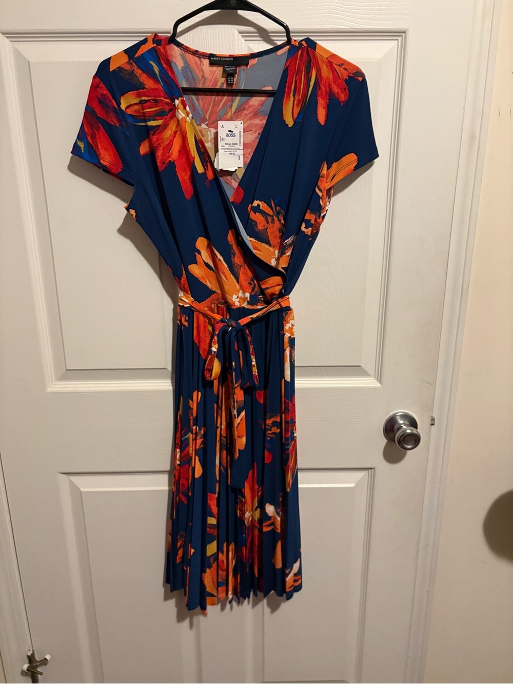 Maggy London Navy Wrap Midi Dress with Orange Floral Print